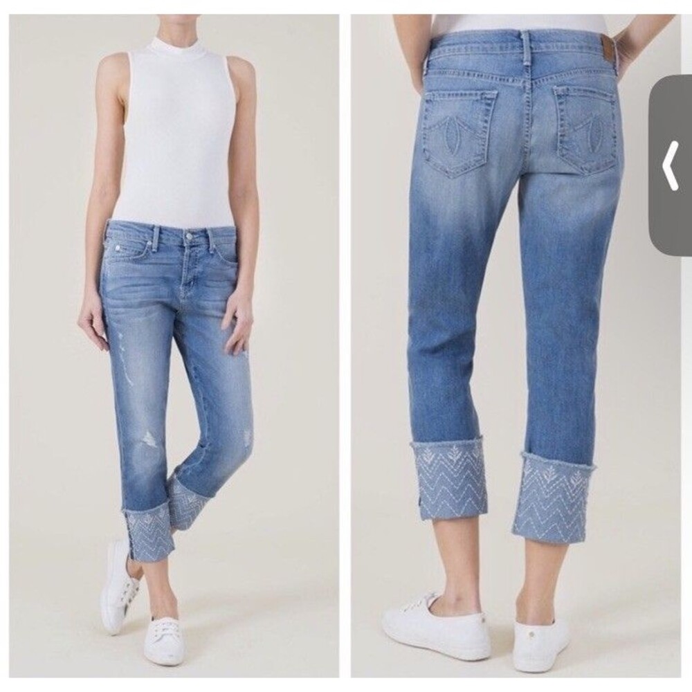 Anthropologie Level 99 Jeans Women 29 Embroidered Boyfriend  Slim Straight Boho